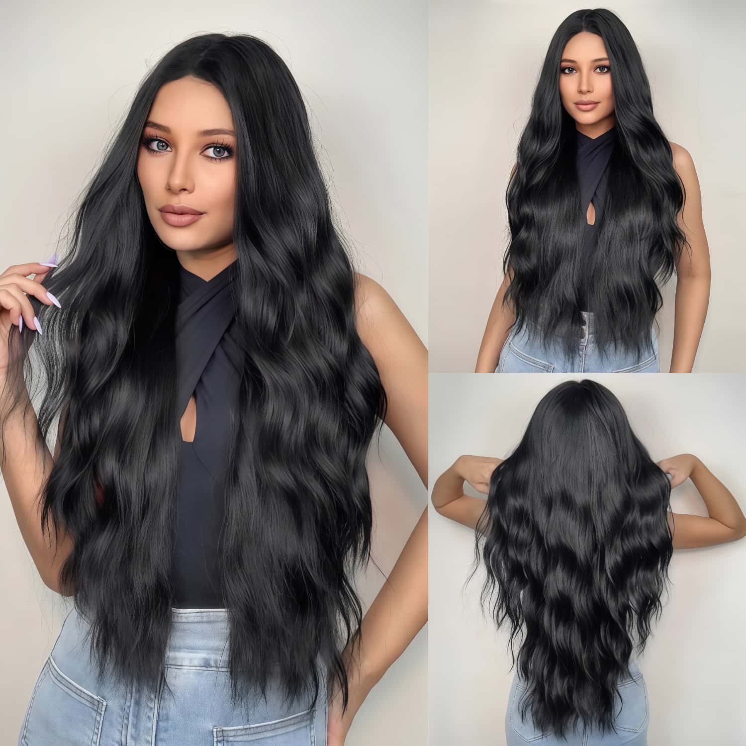 SD-GIFT I Long Natural Curly Middle Part Black Wave Sex Doll Wigs 