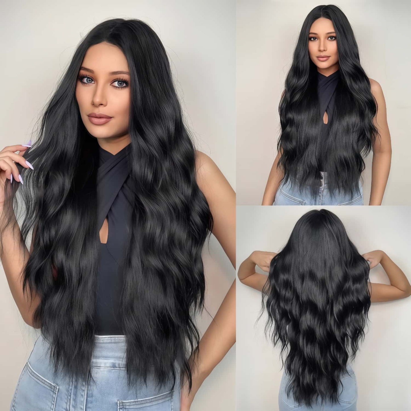 SD-GIFT I Long Natural Curly Middle Part Black Wave Sex Doll Wigs 