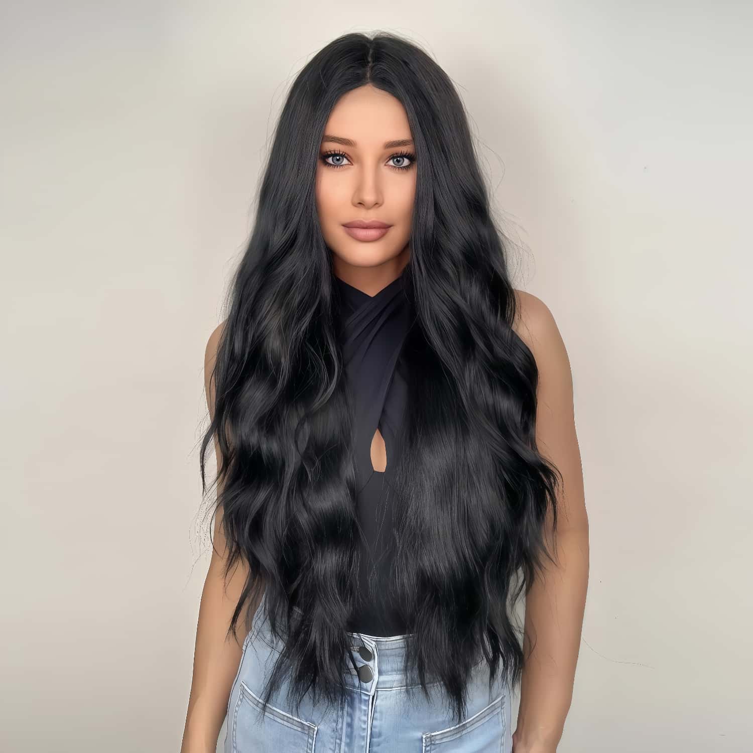 SD-GIFT I Long Natural Curly Middle Part Black Wave Sex Doll Wigs 