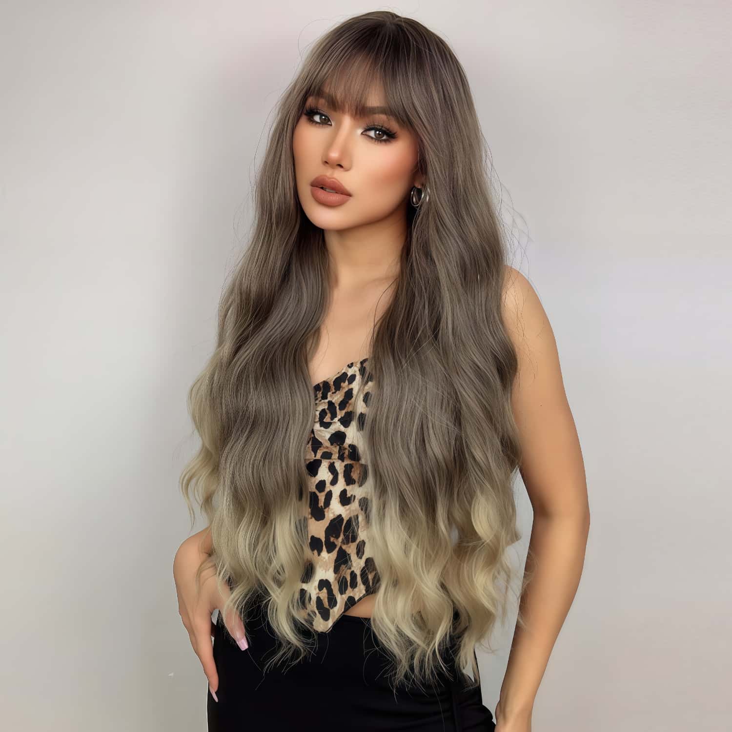 SD-GIFT I  Long Wavy Brown Blonde Ombre Sex Doll Wigs with Bangs Natura