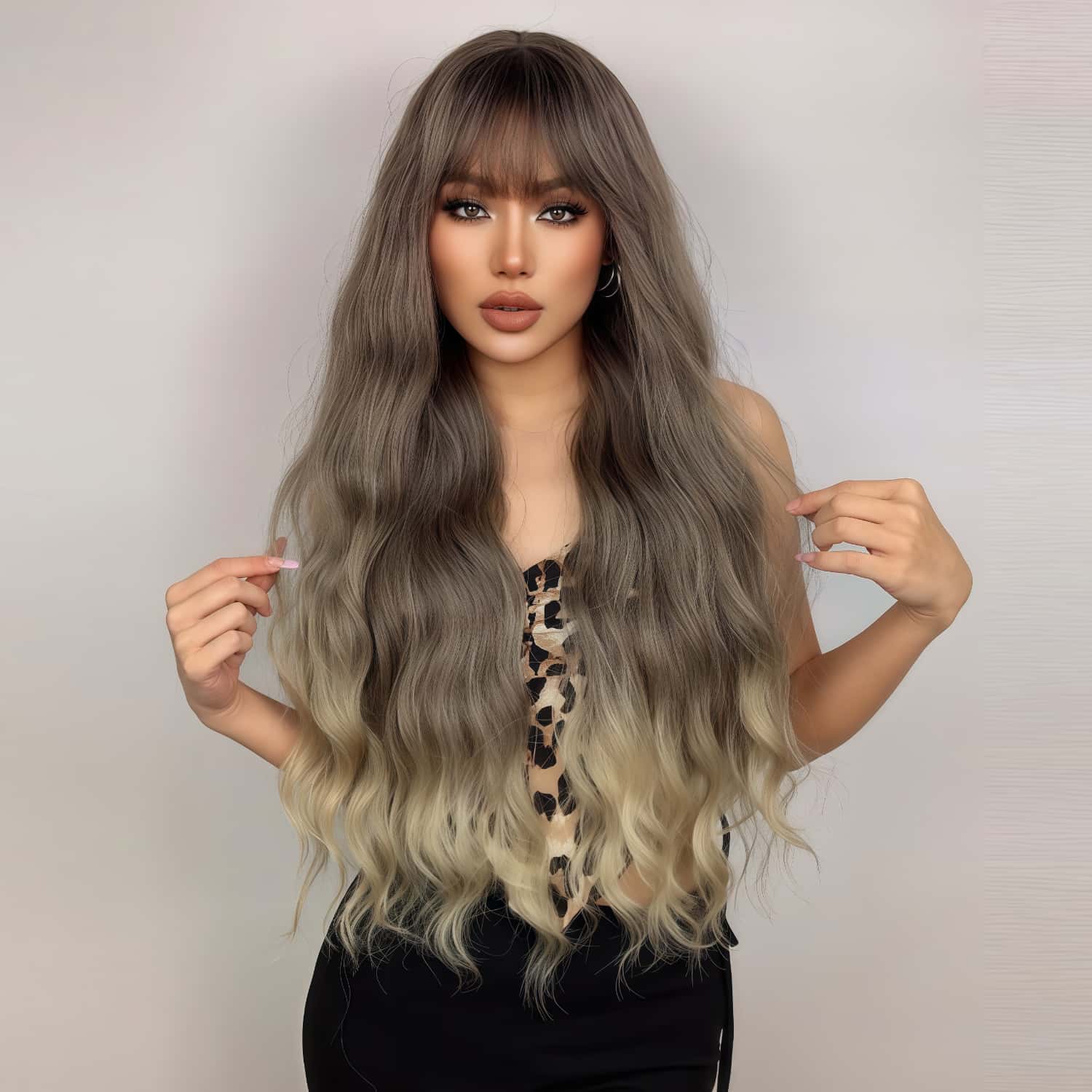 SD-GIFT I  Long Wavy Brown Blonde Ombre Sex Doll Wigs with Bangs Natura