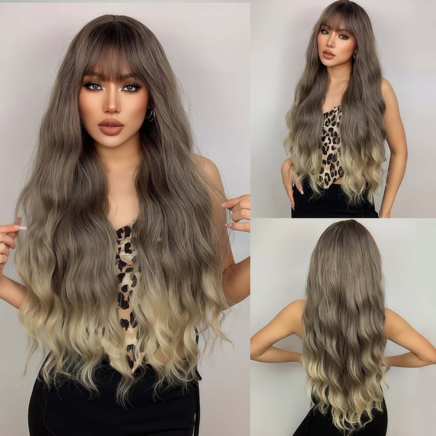 SD-GIFT I  Long Wavy Brown Blonde Ombre Sex Doll Wigs with Bangs Natura
