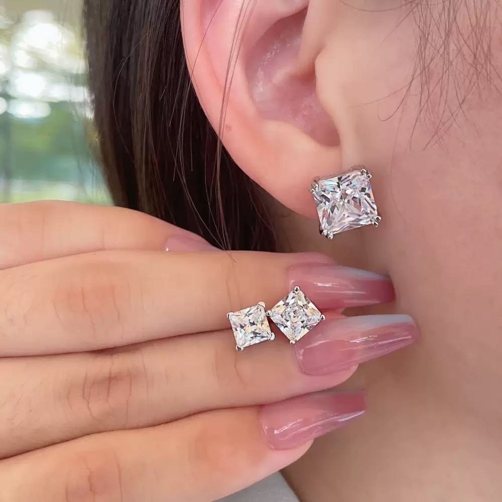 Light Luxury S925 Sterling Silver Earrings Heart  Square Zircon Studs