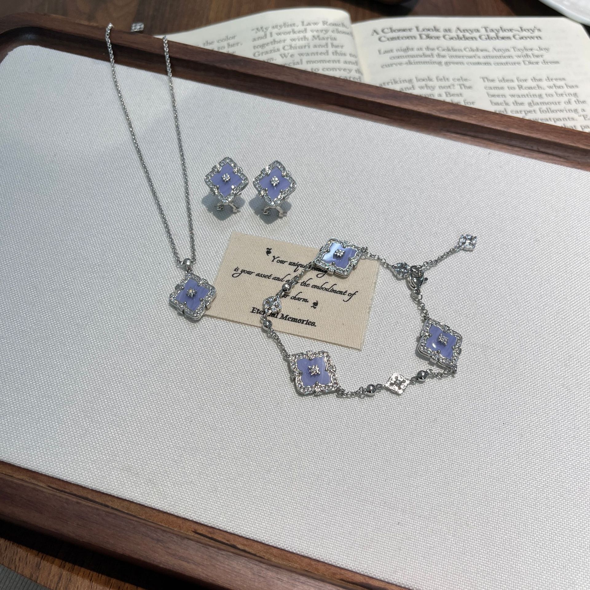 Italian Retro Bracciale Purple Chalcedony Four-Leaf Clover Jewelry Set