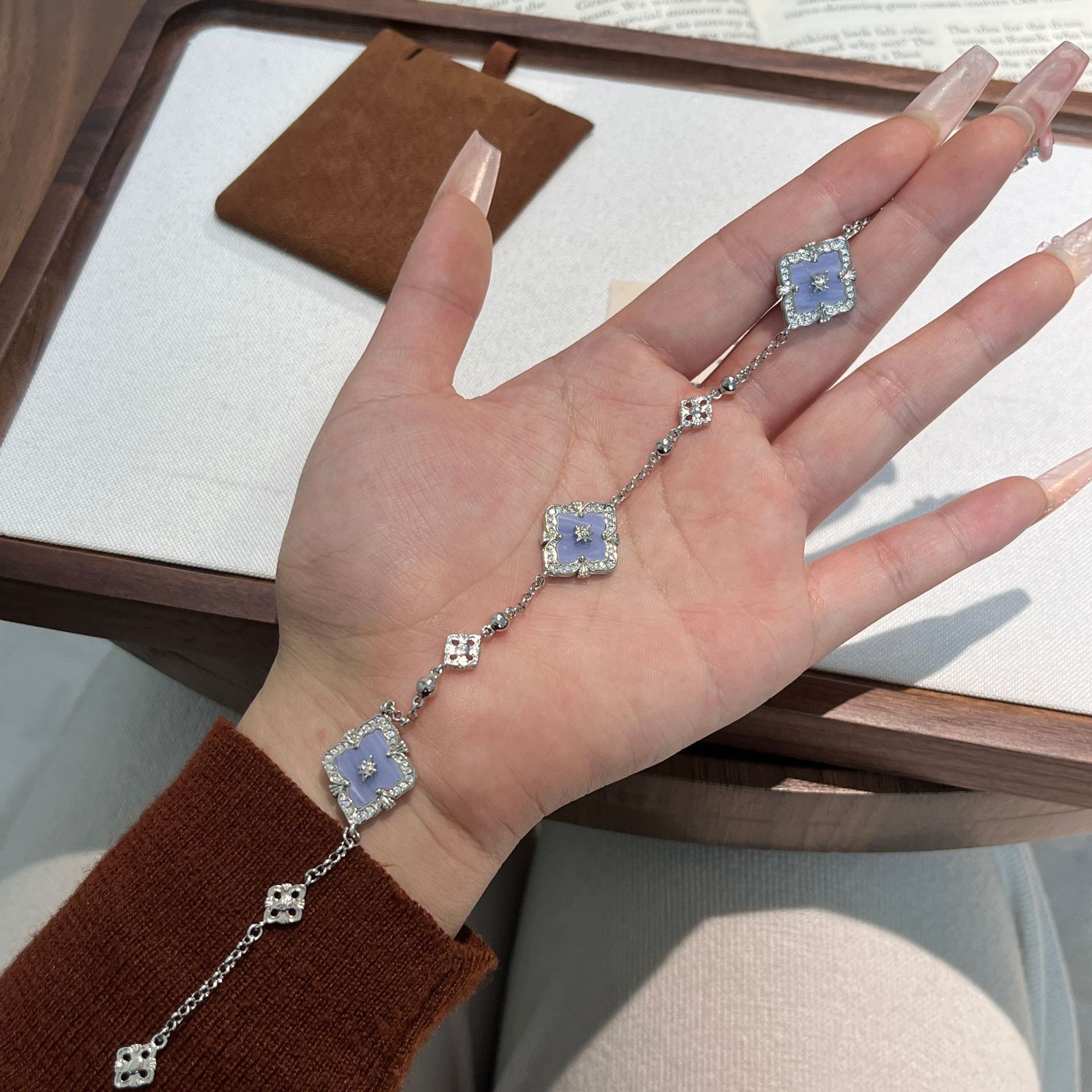 Italian Retro Bracciale Purple Chalcedony Four-Leaf Clover Jewelry Set