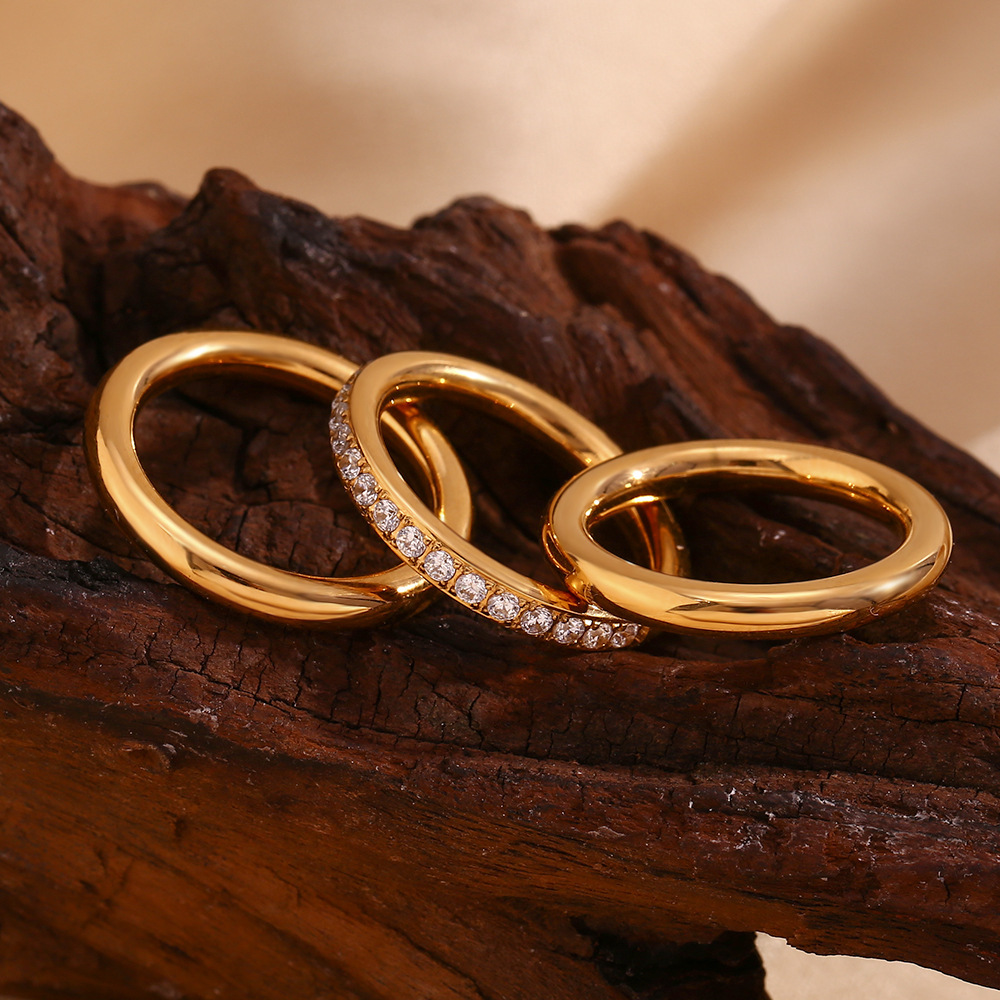 European American Trendy Minimal Zircon Band 3-Piece Ring Set