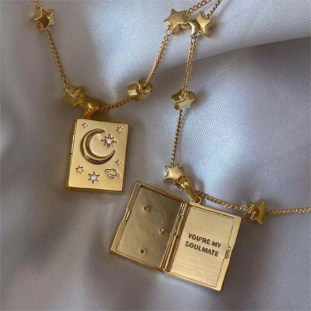 You're My Soulmate Opening-Closing Star & Moon Diamond-Embedded Lock Necklace