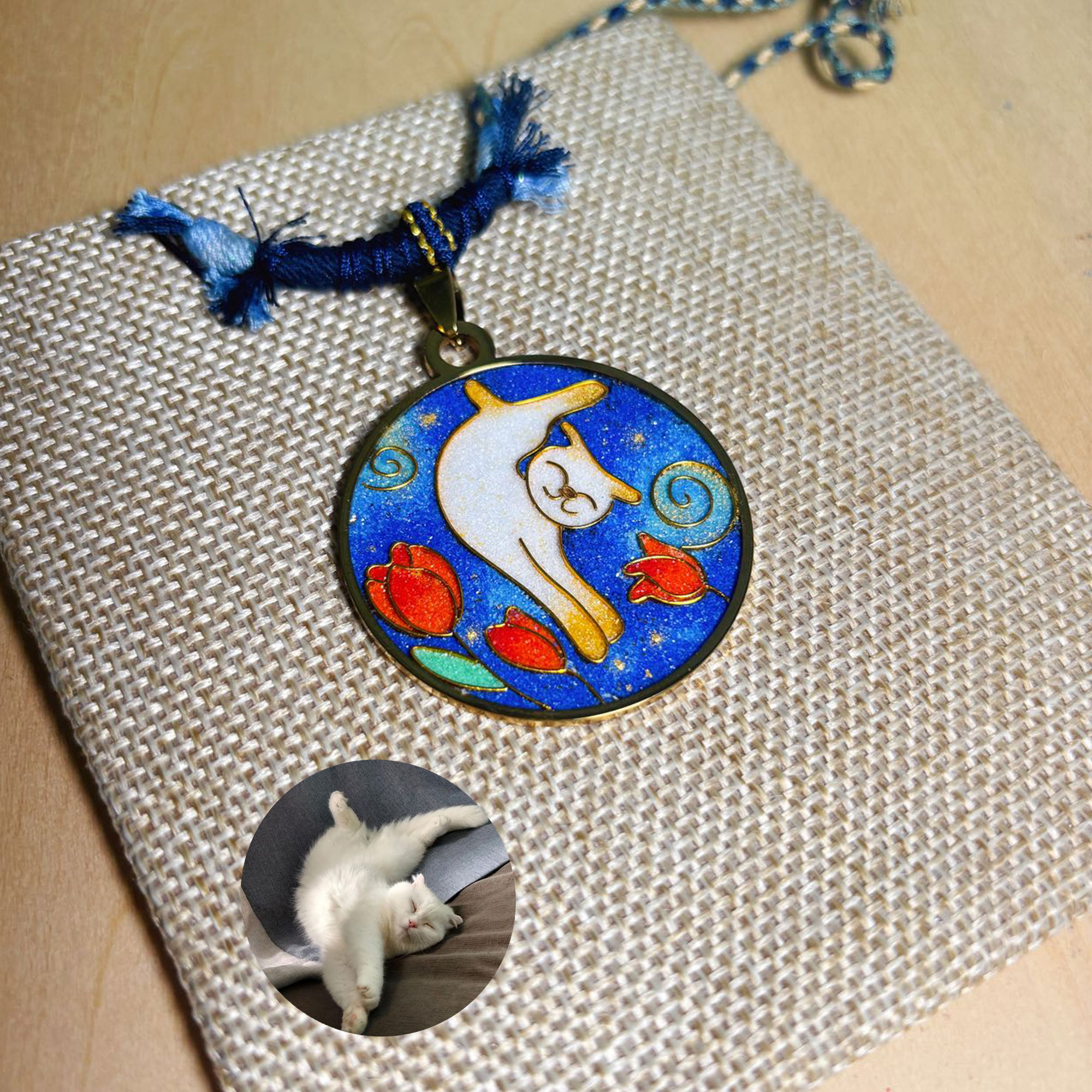 Starry Night & Black Cat Pendant | Personalized Cloisonné Sand Art