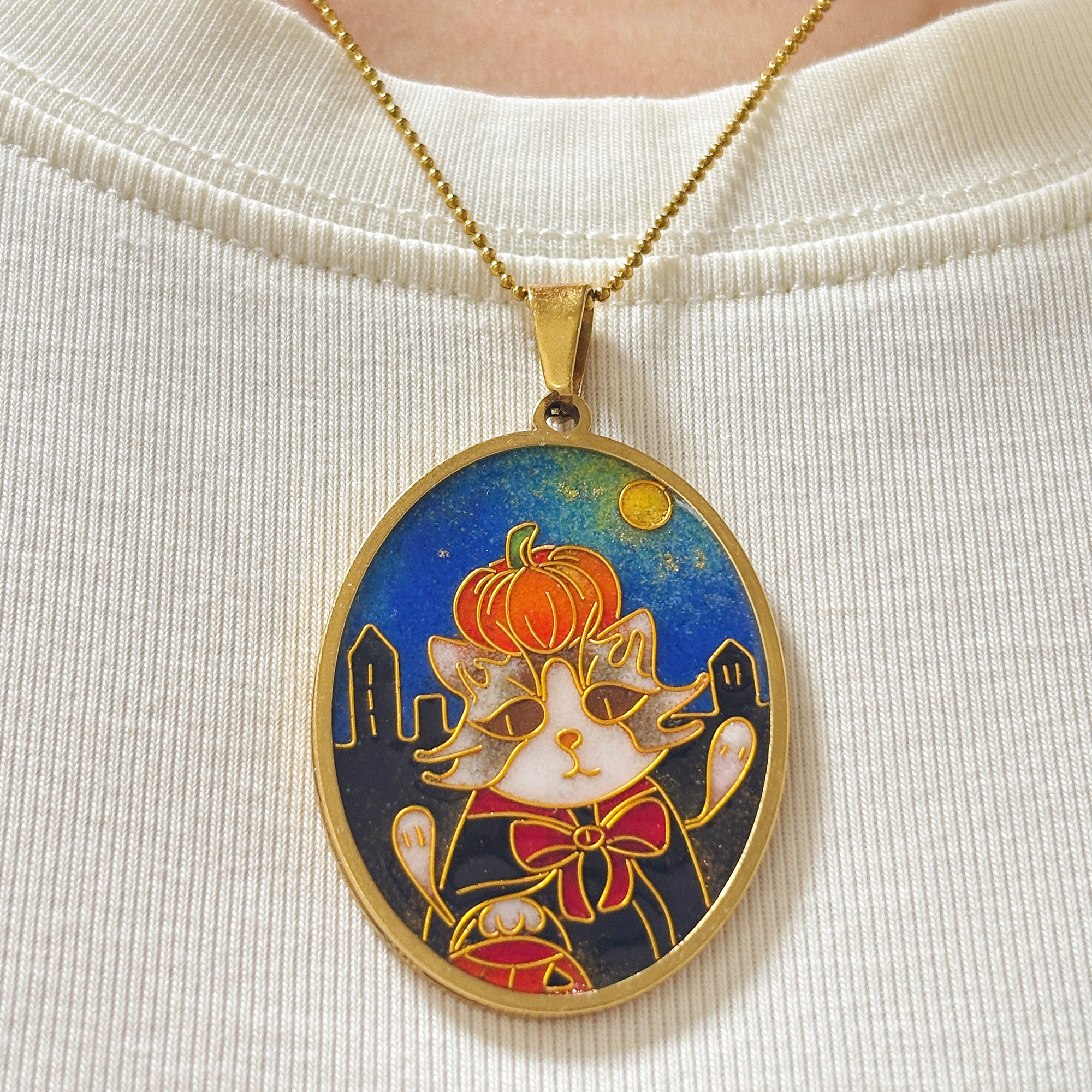 Custom Halloween Pet Portrait Necklace | Handmade Cloisonné Enamel Art | Personalized Cat & Dog Photo Jewelry | Gold Wire Keepsake