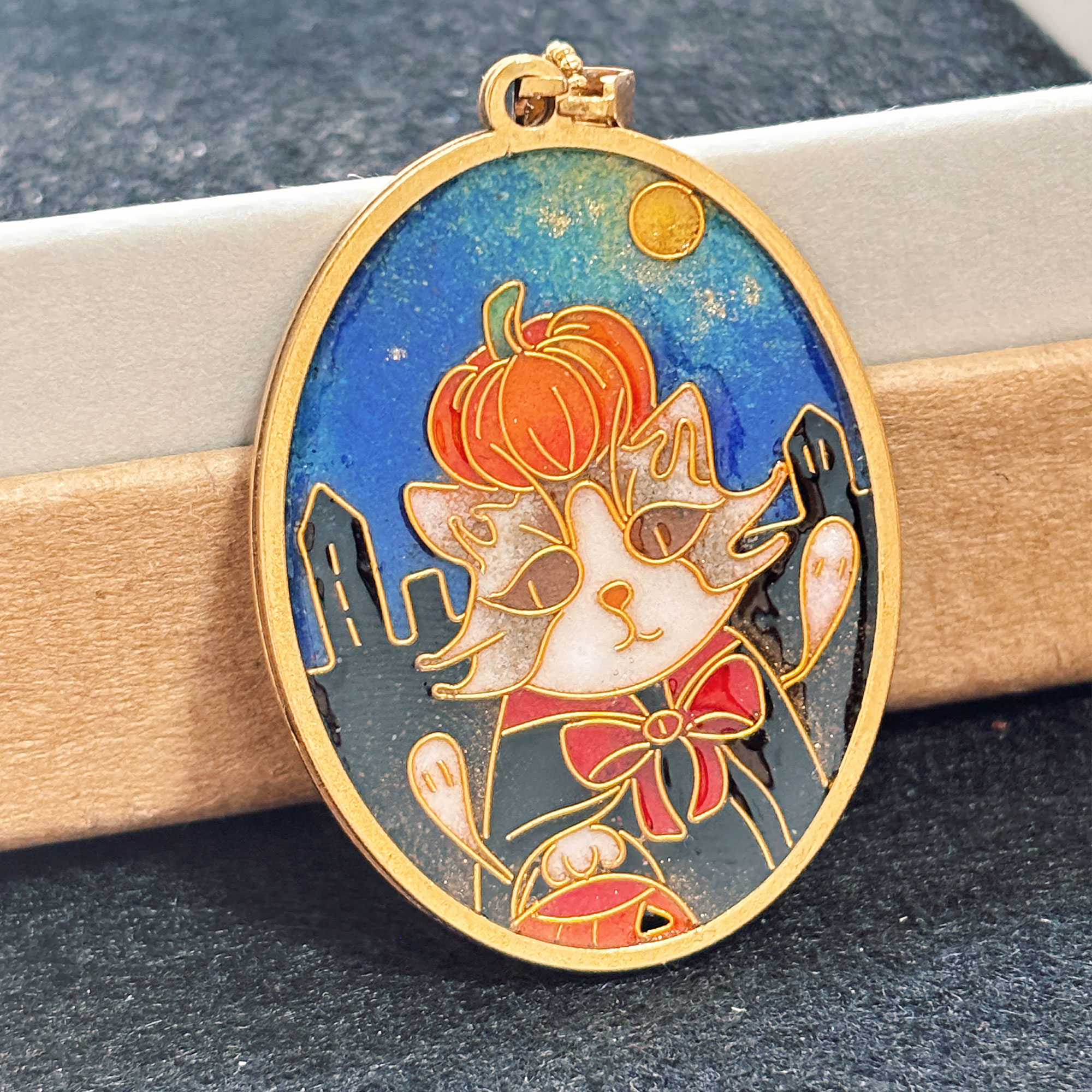 Custom Halloween Pet Portrait Necklace | Handmade Cloisonné Enamel Art | Personalized Cat & Dog Photo Jewelry | Gold Wire Keepsake