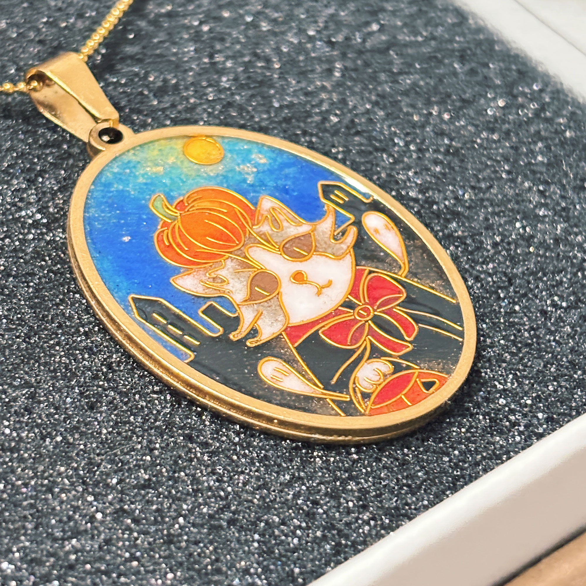 Custom Halloween Pet Portrait Necklace | Handmade Cloisonné Enamel Art | Personalized Cat & Dog Photo Jewelry | Gold Wire Keepsake