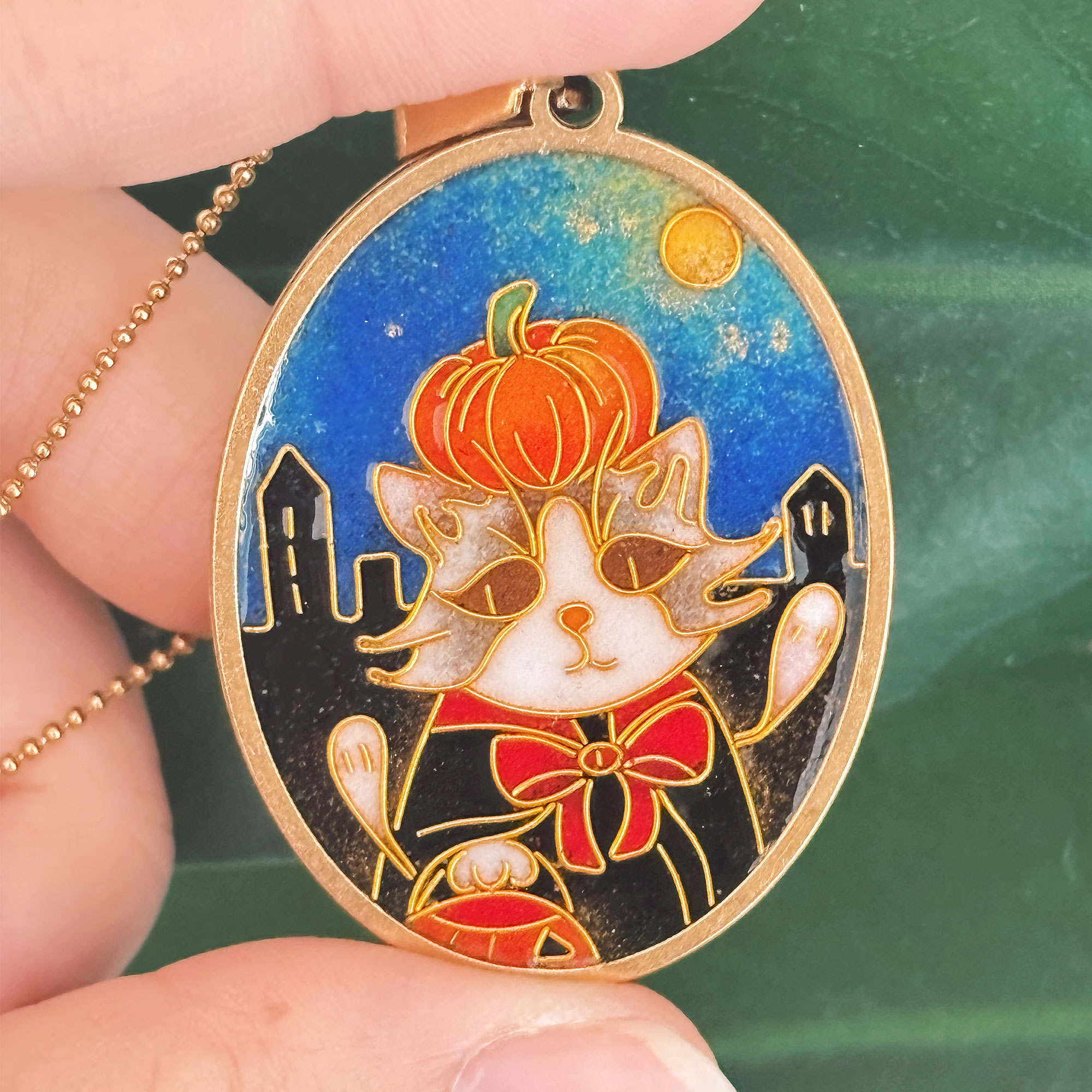 Custom Halloween Pet Portrait Necklace | Handmade Cloisonné Enamel Art | Personalized Cat & Dog Photo Jewelry | Gold Wire Keepsake