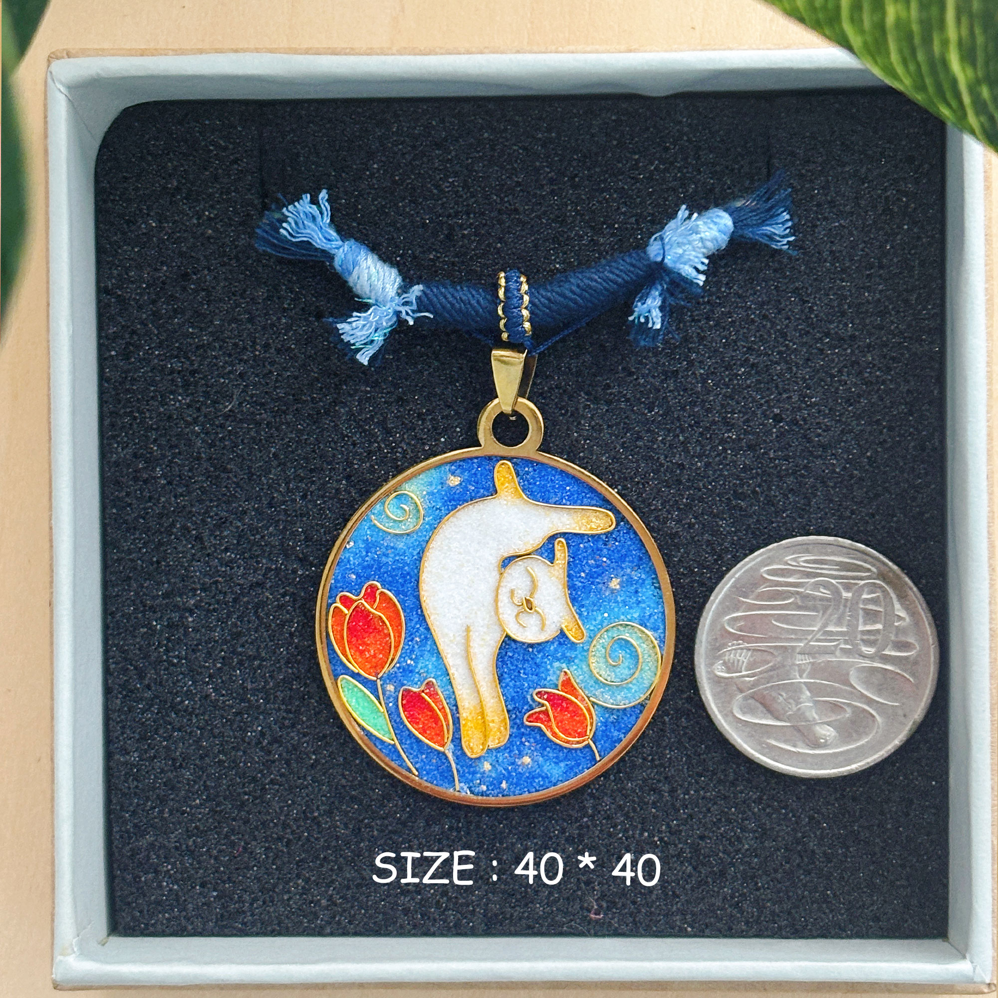 Custom Stretching Cat Cloisonné Pendant | Starry Night Red Tulips Necklace | Handmade Pet Portrait Art Jewelry