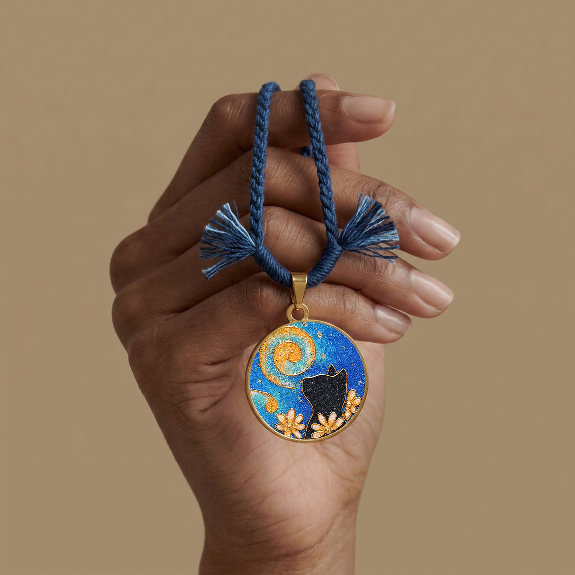 Custom Black Cat Cloisonné Pendant: Handmade Starry Night Necklace & Personalized Pet Art