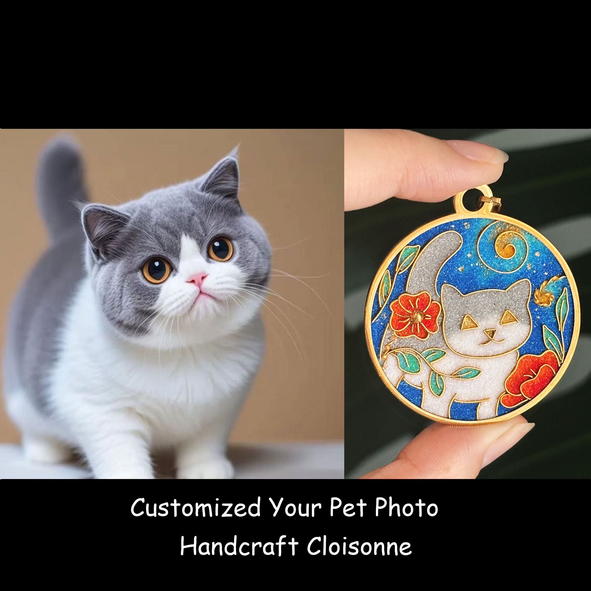 Cat In The Plot Pendant, Personalized Cloisonne Pet Portrait Jewelry Art, Custom Pet Portrait Keepsake Pendant