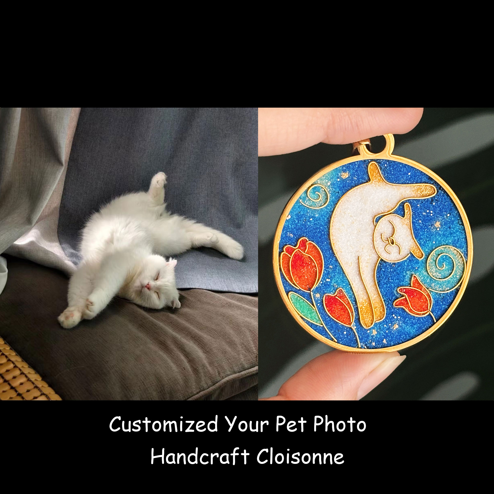Cat In The Plot Pendant, Personalized Cloisonne Pet Portrait Jewelry Art, Custom Pet Portrait Keepsake Pendant