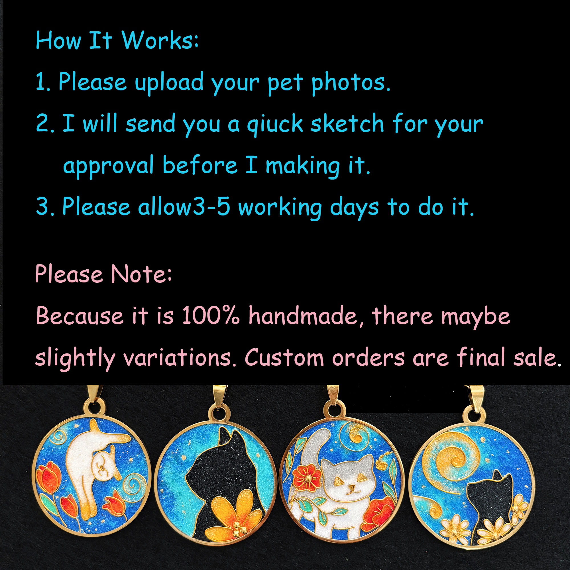 [Copy]Custom Stretching Cat Cloisonné Pendant | Starry Night Red Tulips Necklace | Handmade Pet Portrait Art Jewelry