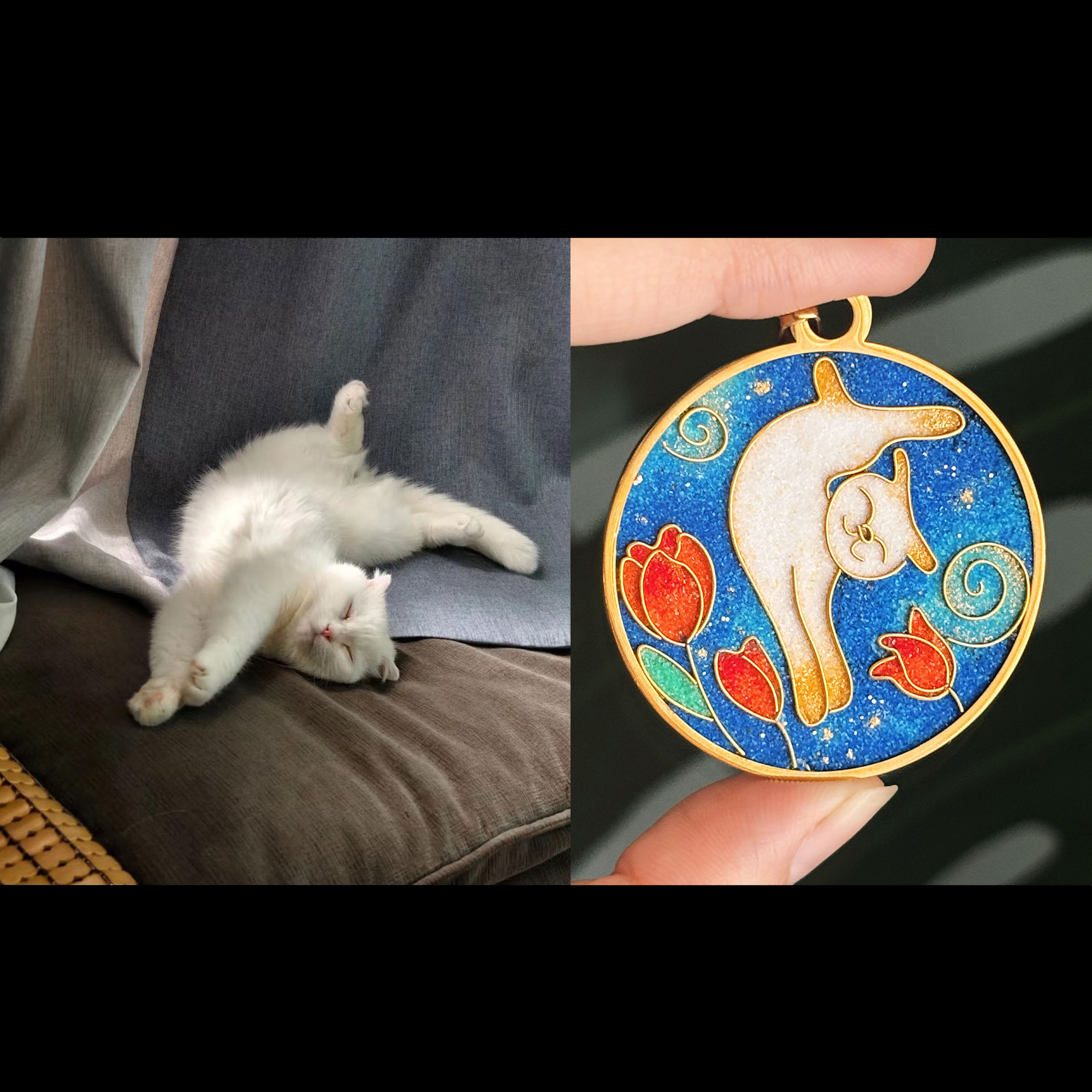 [Copy]Custom Stretching Cat Cloisonné Pendant | Starry Night Red Tulips Necklace | Handmade Pet Portrait Art Jewelry