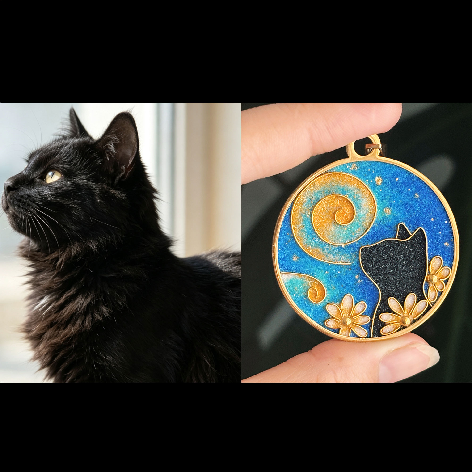 [Copy]Custom Stretching Cat Cloisonné Pendant | Starry Night Red Tulips Necklace | Handmade Pet Portrait Art Jewelry