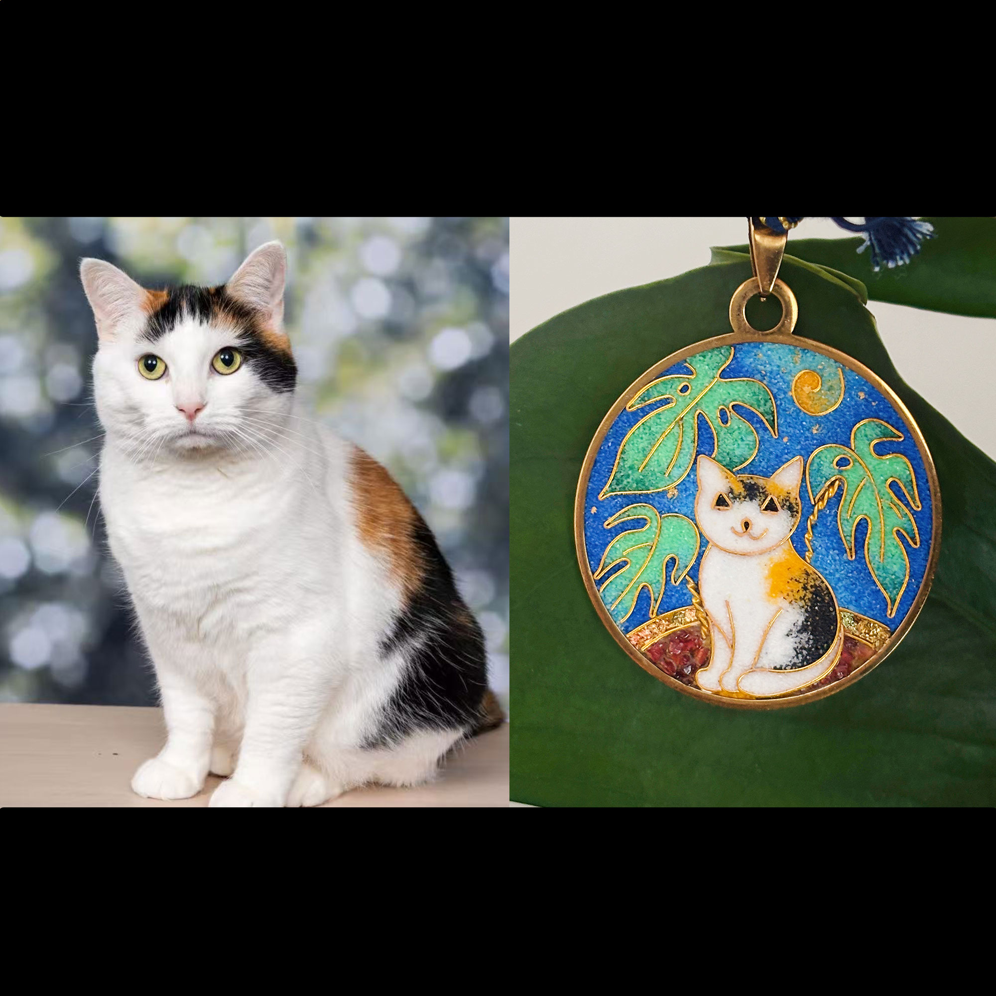 [Copy]Custom Stretching Cat Cloisonné Pendant | Starry Night Red Tulips Necklace | Handmade Pet Portrait Art Jewelry