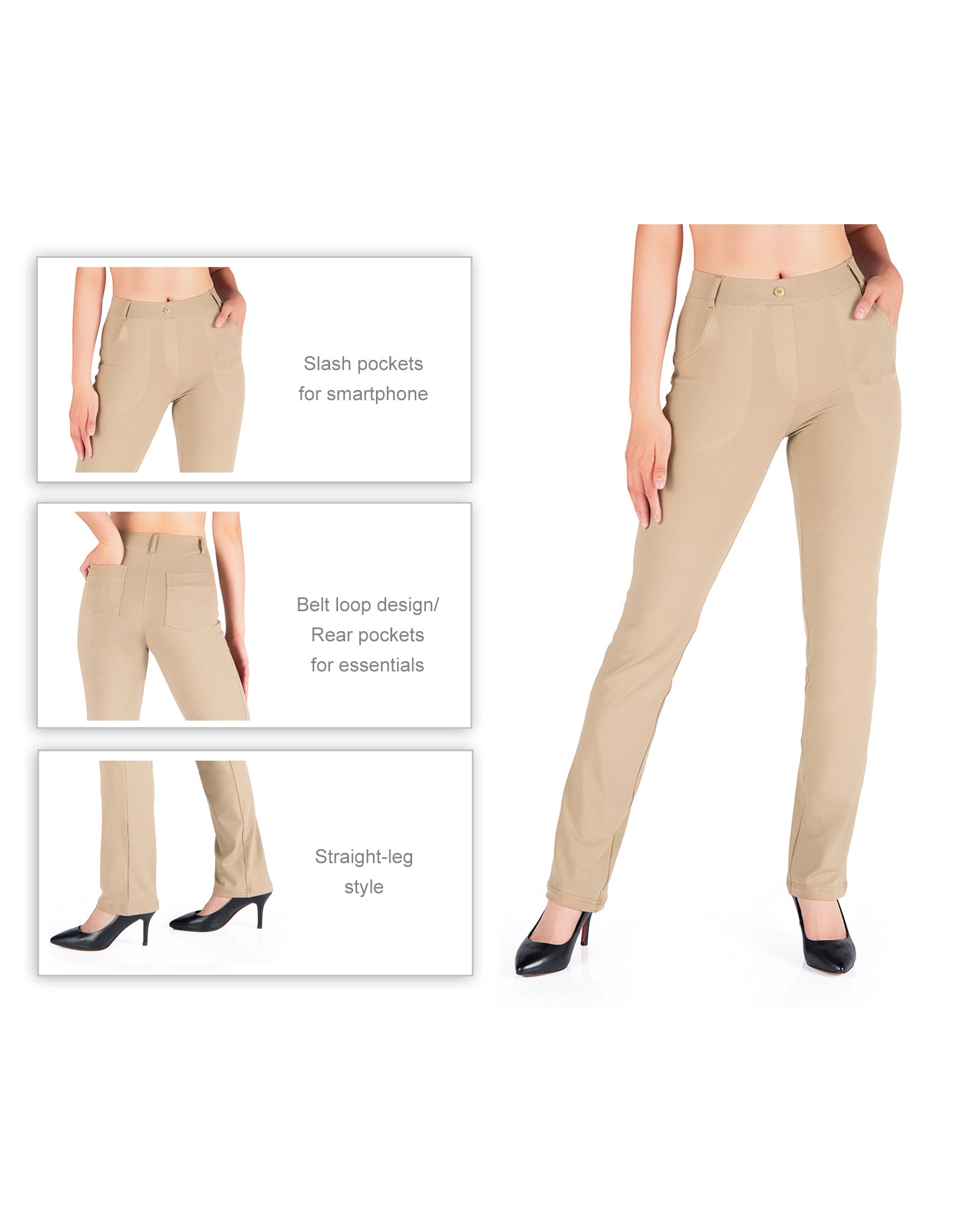 Straight Leg Yoga Dress Pants, 4 Pockets (Khaki) – Yogipace
