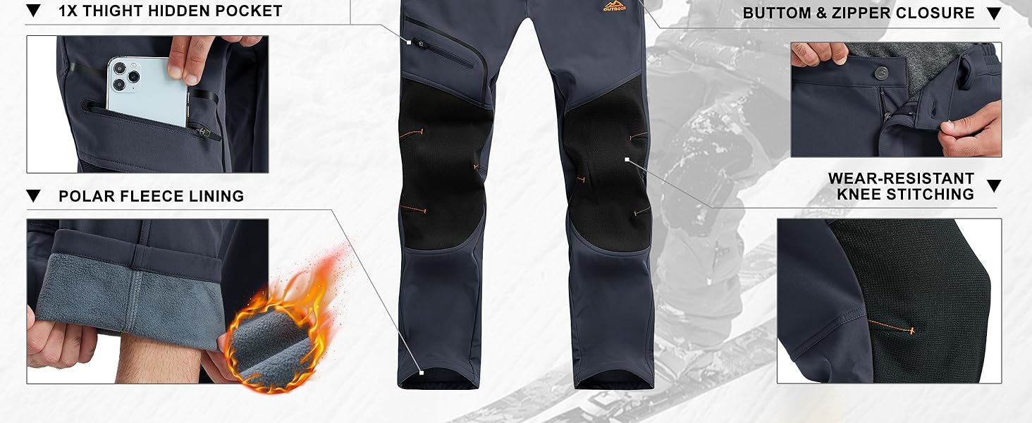 Mens Snow Ski Pants Fleece Lined pants for Winter Hiking