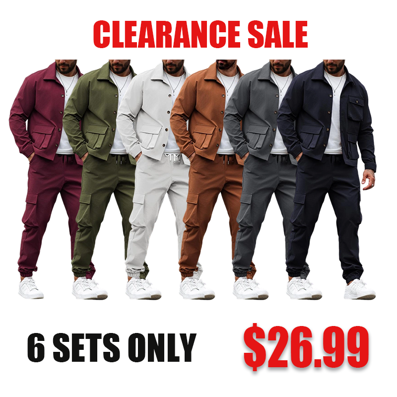 Factory Clearance! Men's Solid Color Two-Piece Set — Button-Up Shirt & Pants, Casual Long Sleeve Workwear Outfit for Spring & Fall