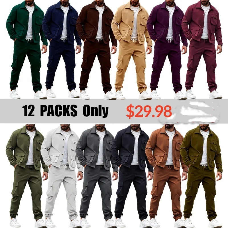 Men's Solid Color Pocket Button Front Shirt & Pants Two-Piece Set