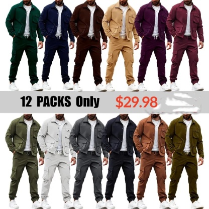 Men's Solid Color Pocket Button Front Shirt & Pants Two-Piece Set