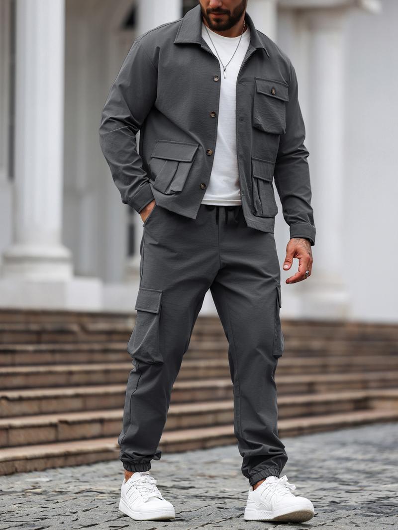 Factory Clearance! Men's Solid Color Two-Piece Set — Button-Up Shirt & Pants, Casual Long Sleeve Workwear Outfit for Spring & Fall