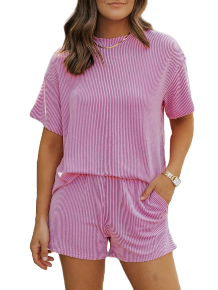 🔥Flash Sale⚡Women's Solid Twisted Ribbed Knit Textured Pocket Shorts Set, Ladies Summer Clothes for Daily Wear