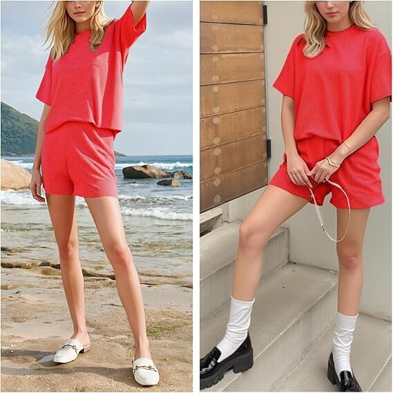 🔥Flash Sale⚡Women's Solid Twisted Ribbed Knit Textured Pocket Shorts Set, Ladies Summer Clothes for Daily Wear