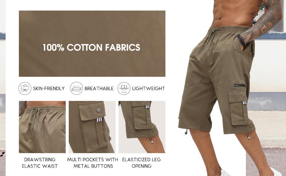 Mens Cargo Shorts Cotton Elastic Waist Capri Knee Length Pants Multi Pockets Baggy Combat Trousers