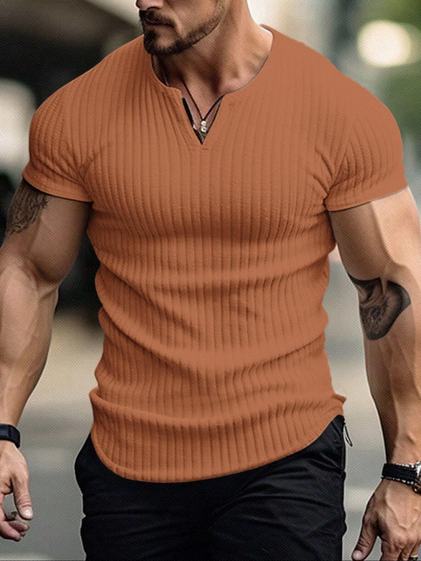Men's Spring Summer Outfits Vertical Striped Textured V-Neck Short Sleeve T-Shirt for Daliy Wear, Gym Wear Solid Color Old Money Style, Casual Sporty Essential for Man's Wardrobe.