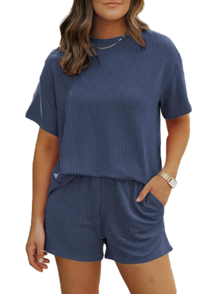 🔥Flash Sale⚡Women's Solid Twisted Ribbed Knit Textured Pocket Shorts Set, Ladies Summer Clothes for Daily Wear