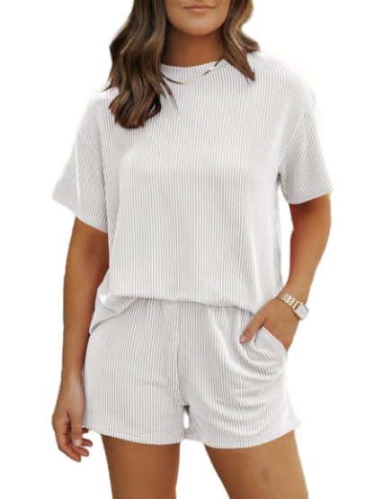 🔥Flash Sale⚡Women's Solid Twisted Ribbed Knit Textured Pocket Shorts Set, Ladies Summer Clothes for Daily Wear