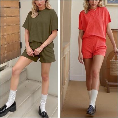 🔥Flash Sale⚡Women's Solid Twisted Ribbed Knit Textured Pocket Shorts Set, Ladies Summer Clothes for Daily Wear