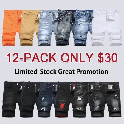 Men's Ripped Denim Shorts, Stretch, Distressed Street Style