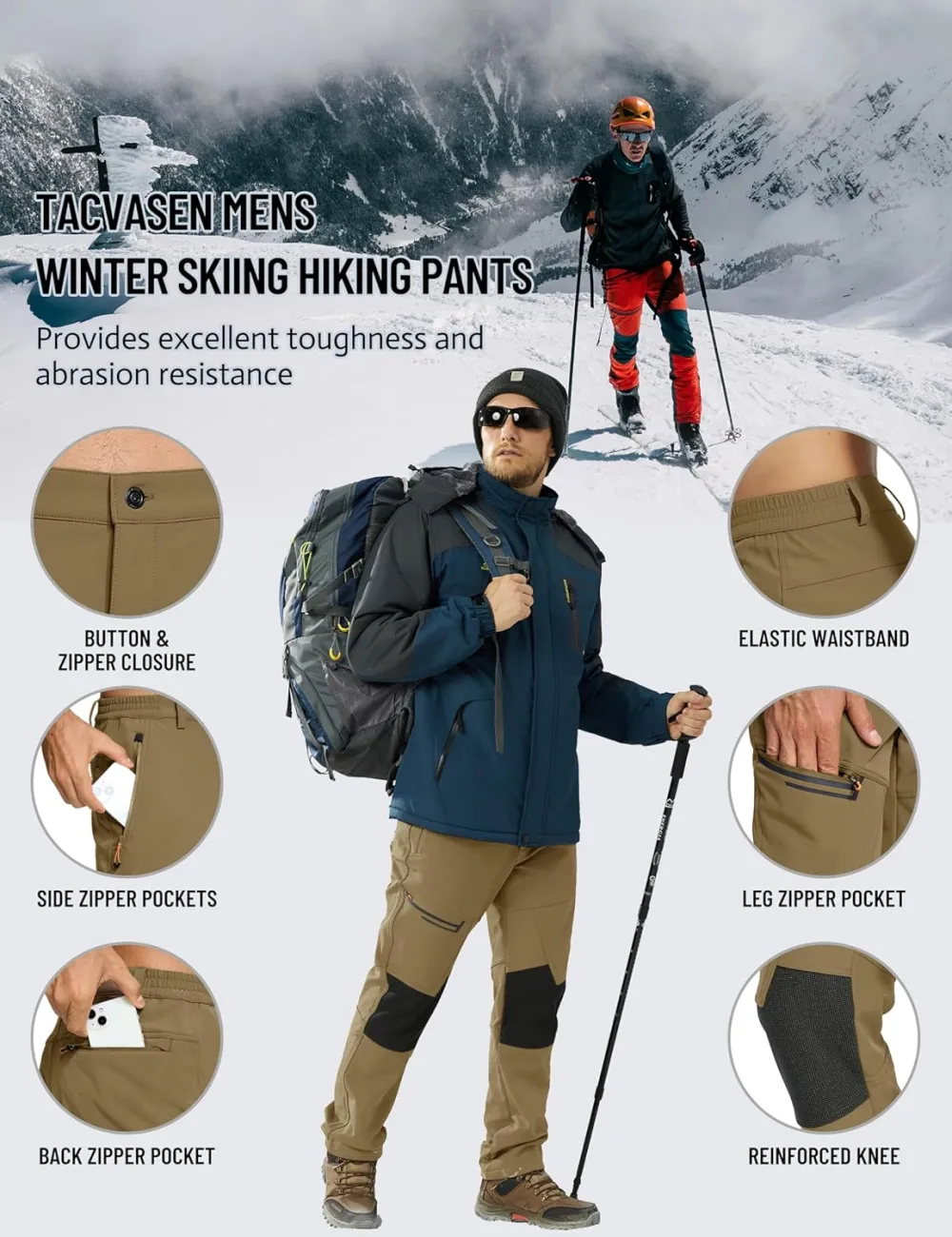 Men's Snow Ski Pants Winter Fleece Lined Pants for Mens