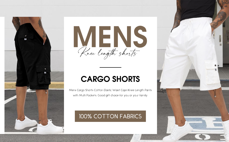 Mens Cargo Shorts Cotton Elastic Waist Capri Knee Length Pants Multi Pockets Baggy Combat Trousers 