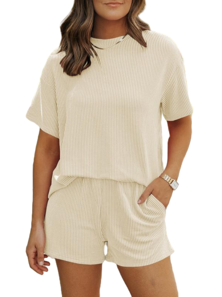 🔥Flash Sale⚡Women's Solid Twisted Ribbed Knit Textured Pocket Shorts Set, Ladies Summer Clothes for Daily Wear