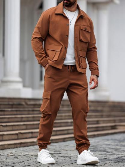 Factory Clearance! Men's Solid Color Two-Piece Set — Button-Up Shirt & Pants, Casual Long Sleeve Workwear Outfit for Spring & Fall
