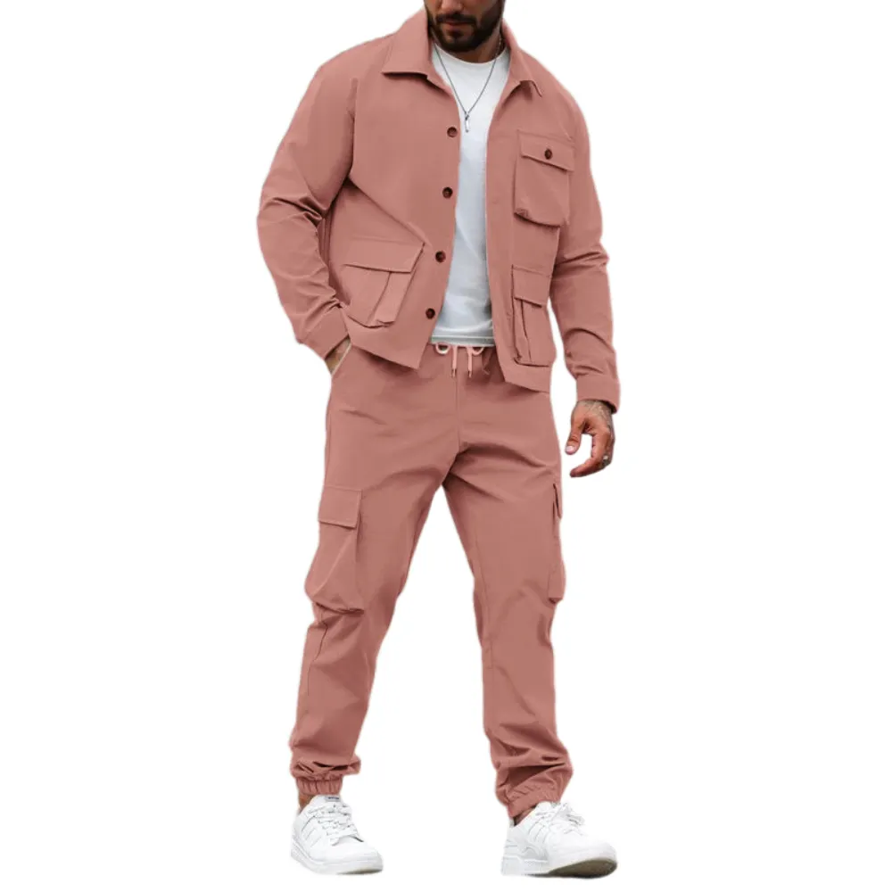 Men's Solid Color Pocket Button Front Shirt & Pants Two-Piece Set