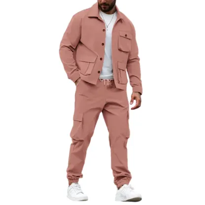 Men's Solid Color Pocket Button Front Shirt & Pants Two-Piece Set