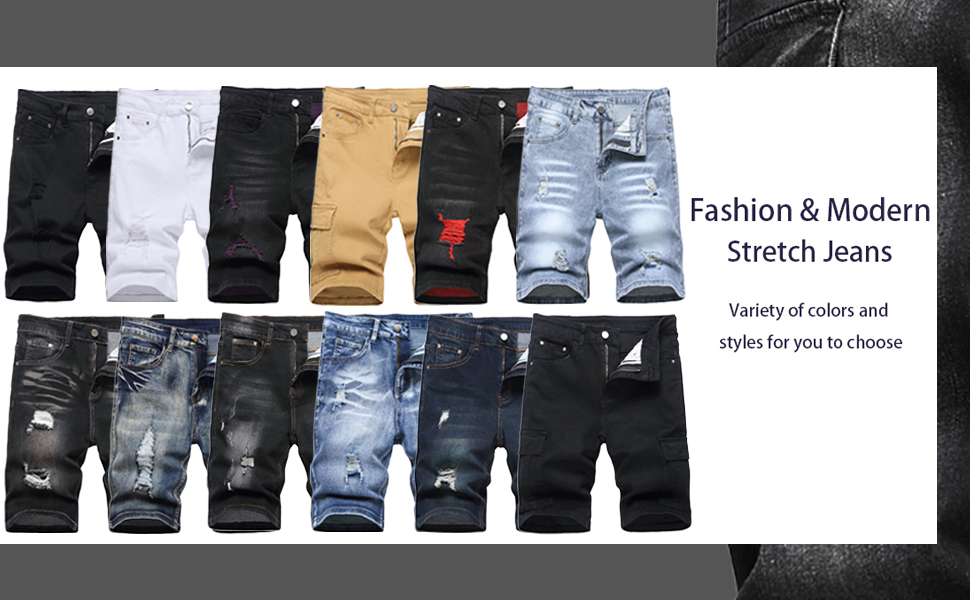 mens jean shorts 34 36 38 black blue ripped men denim cargo for men's overalls skinny slim stretch