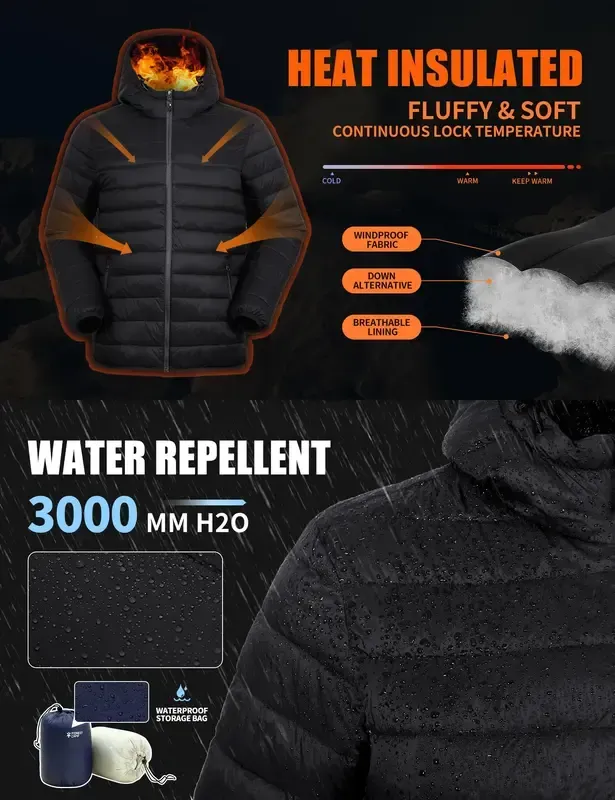 Mens Lightweight Packable Outdoor Hooded  Puffer Jacket