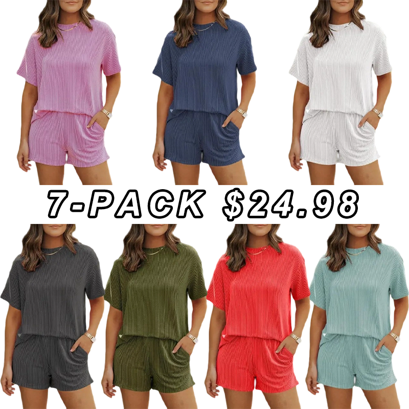 🔥Flash Sale⚡Women's Solid Twisted Ribbed Knit Textured Pocket Shorts Set, Ladies Summer Clothes for Daily Wear