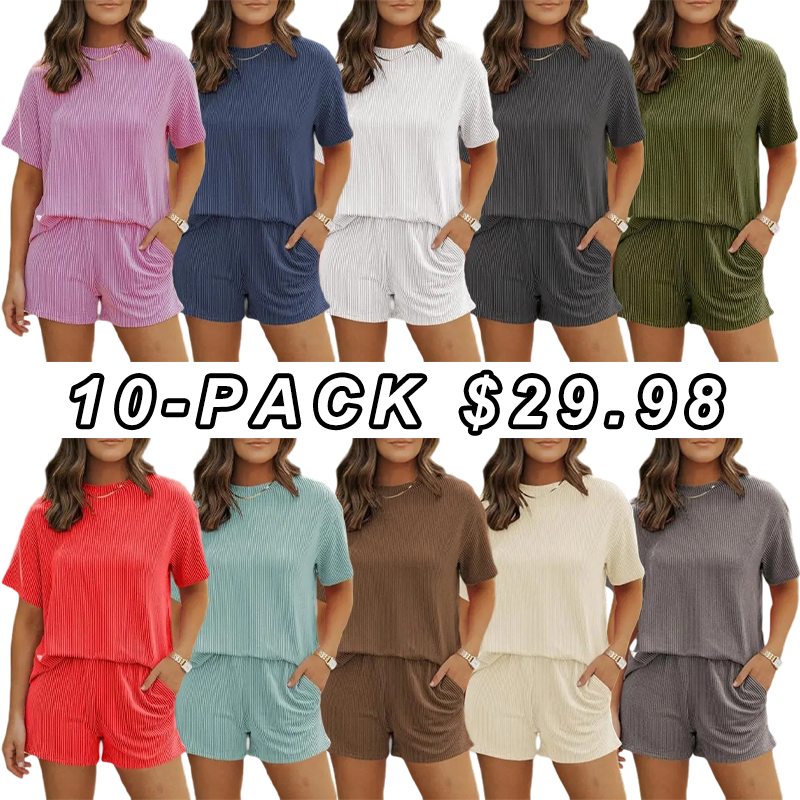 🔥Flash Sale⚡Women's Solid Twisted Ribbed Knit Textured Pocket Shorts Set, Ladies Summer Clothes for Daily Wear