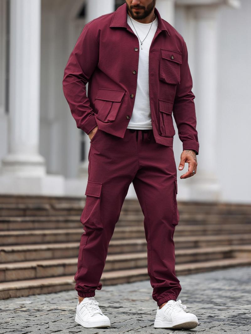 Factory Clearance! Men's Solid Color Two-Piece Set — Button-Up Shirt & Pants, Casual Long Sleeve Workwear Outfit for Spring & Fall