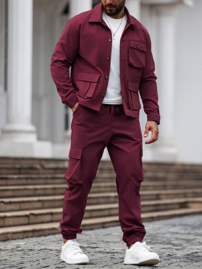 Factory Clearance! Men's Solid Color Two-Piece Set — Button-Up Shirt & Pants, Casual Long Sleeve Workwear Outfit for Spring & Fall